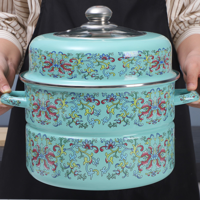 Enamel Multi-Layer Steamer with Visible Lid