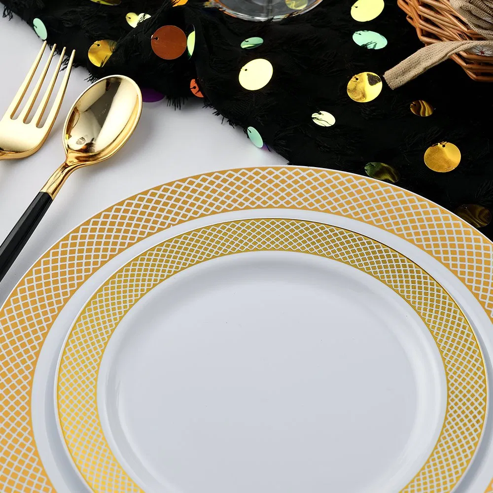 175PCS Elegant 7.5 Inch 10.25" White Plastic Plate with Gold Hollow Rim PS Charger Plates for Camping/Wedding/Party