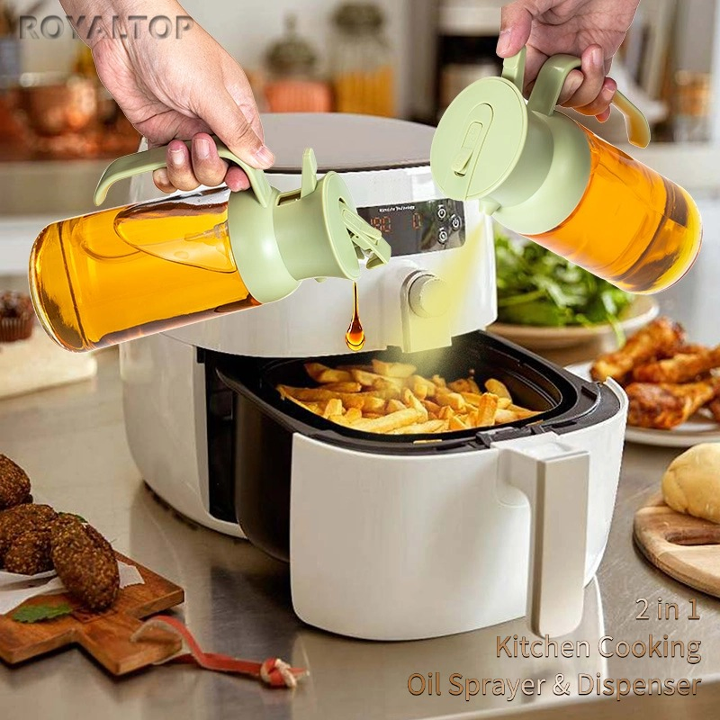 Kitchen Non-Drip 550ml Glass Bottle Cooking Oil Dispenser 2 in 1 Spray Olive Oil Sprayer with Green ABS Pump Cap