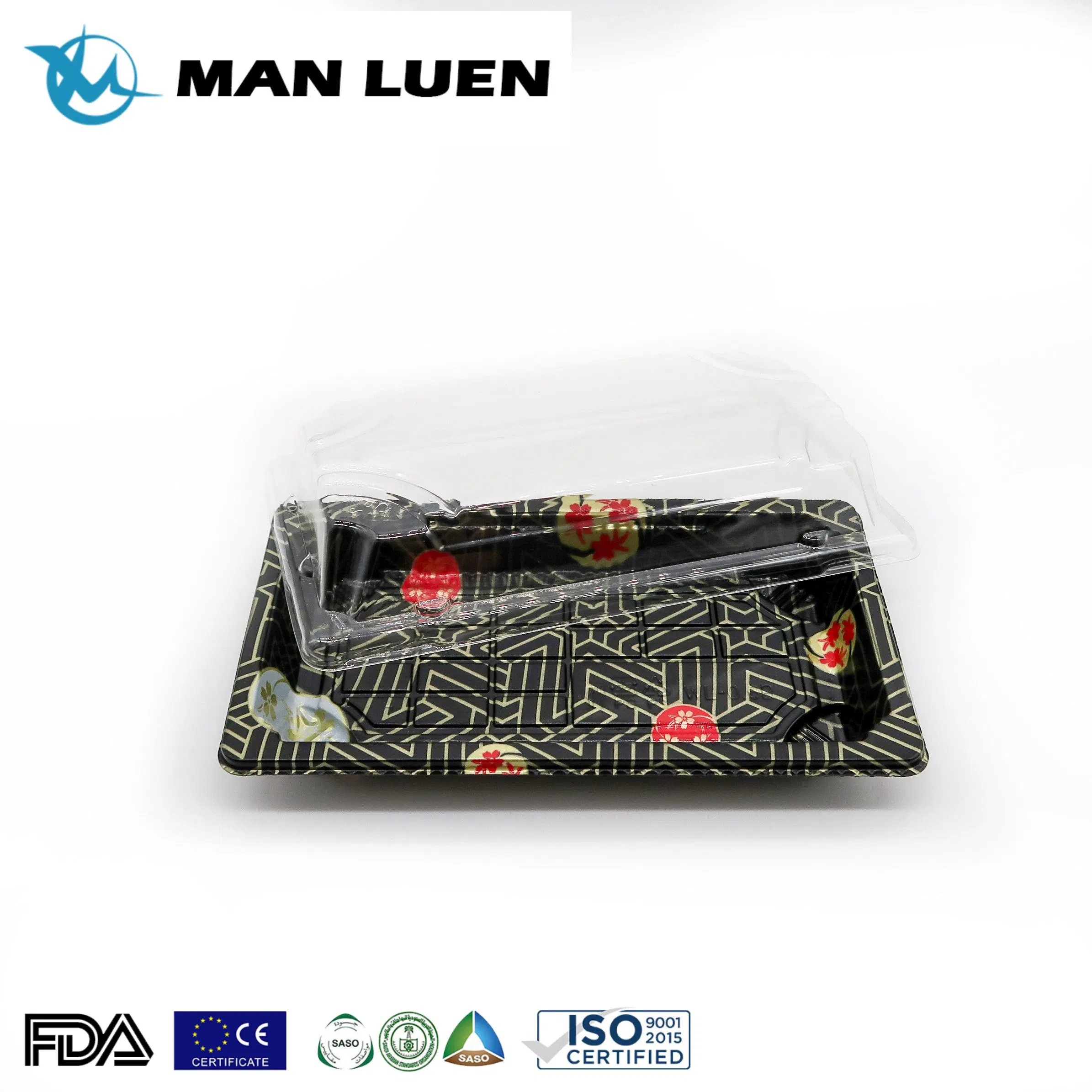 Disposable Japanese Plastic Take out Food Container to Go Small Rectangle Black Sakura Print Sushi Packaging Box