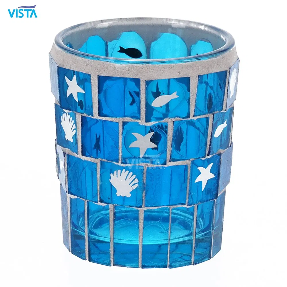 Designed First Quality Glass Candleholder Jar with Electroplating Sea Color Decoration