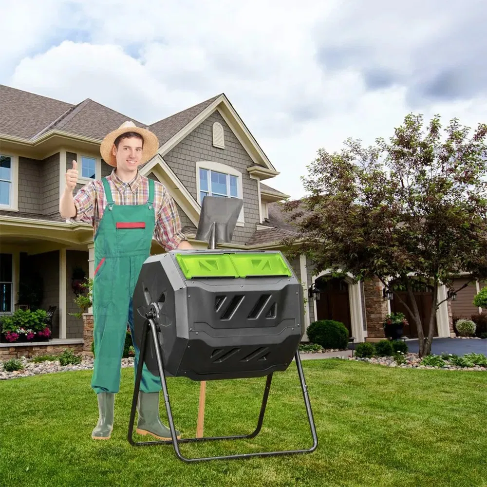 160L 43 Gallon Durable Fast Assemble Tumbling Compost Bin for Garden, Yard, Outside, Black, Green
