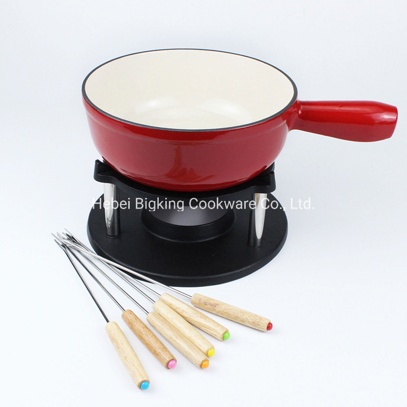 Cast Iron Enamel Fondue Set W/ 6 Forks, Carrying Handles, and Splash Protector - Red