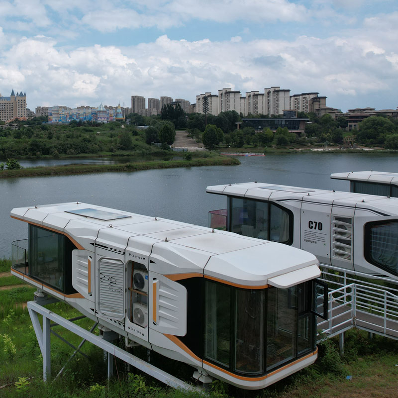 Modern Hotel Pod Sleeping Cabin with Large Skylight and Window Wall for Viewing