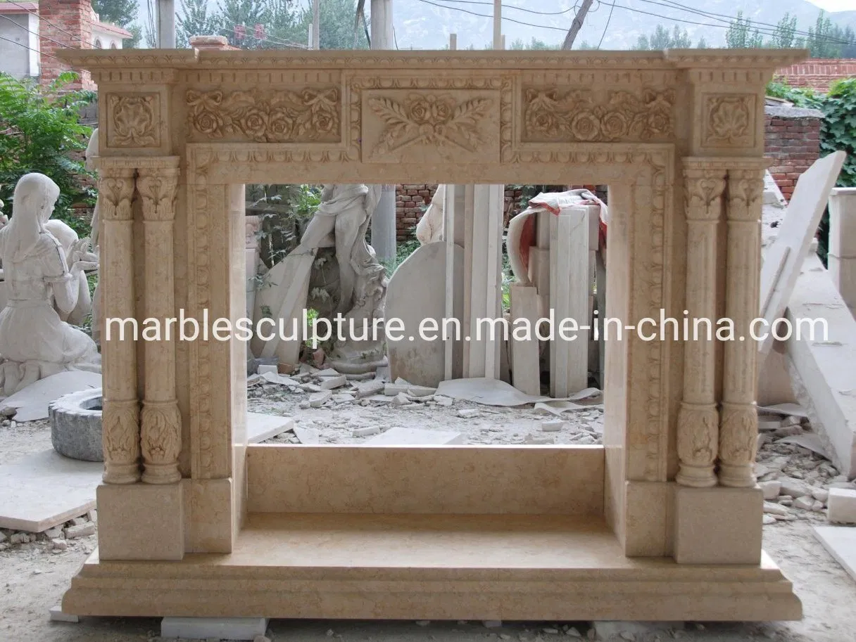Hand Carved High Quality Antique Beige Marble Fireplace (SYMF-8005)