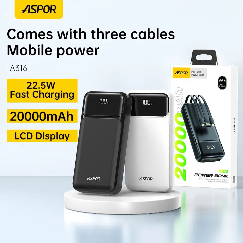 Aspor A316 Original 20000mAh Power Bank with LCD Display Built-in Cable