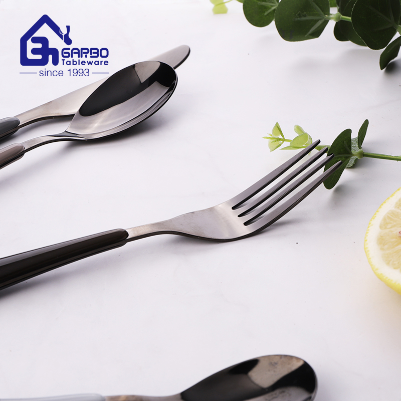 Hot Sale High-End Handmade Black Stainless Steel Polishing Flatware Set Tableware Set Electronic-Plating Knife Fork Spoon Light with Classical Plastic Handle