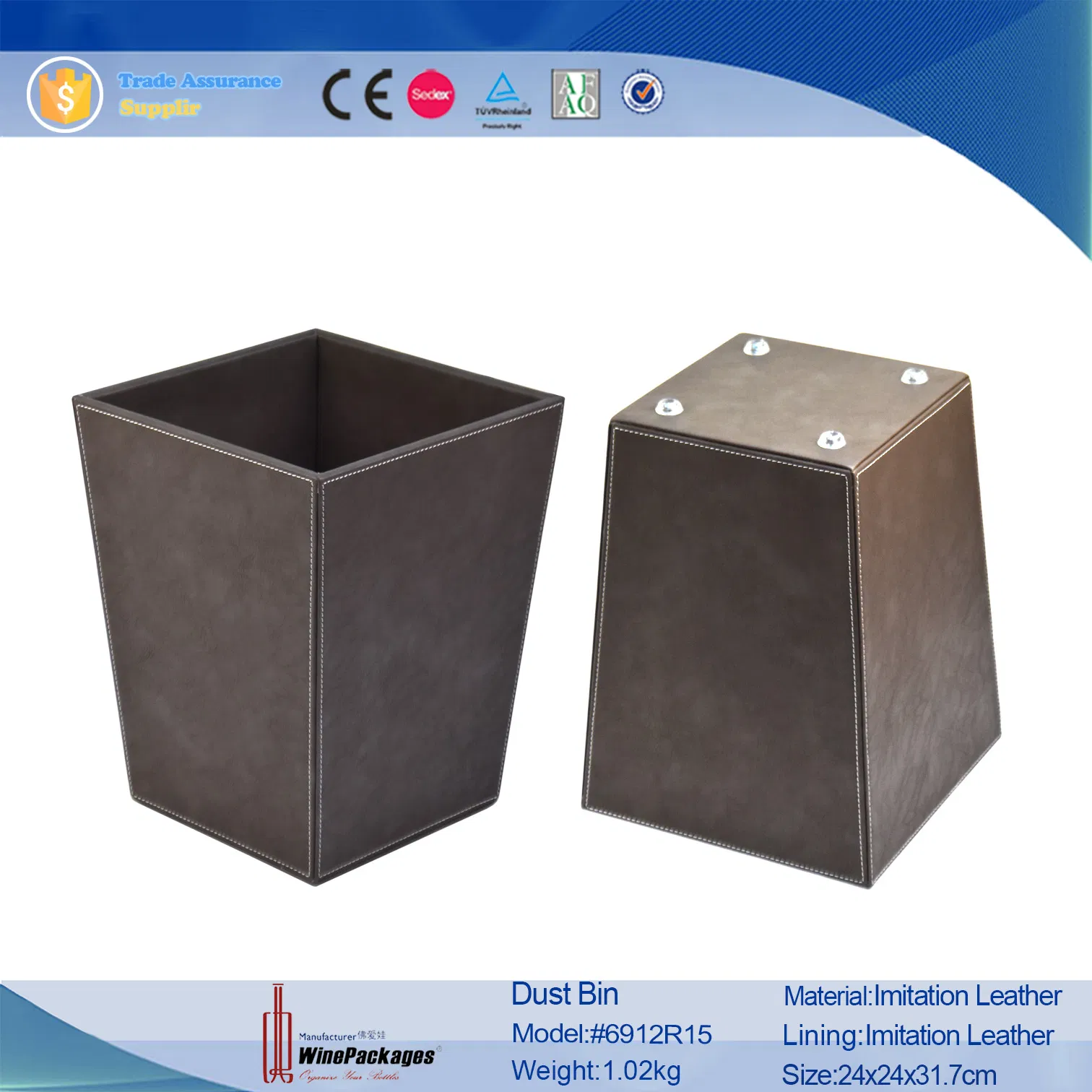2023 Handmade Wholesale Supply High -End Leather Rubbish Bin Premium Trash Can