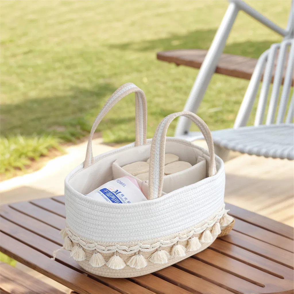 Large Portable Cotton Rope Diaper Caddy Cute Collapsible Tote Baby Basket Middle Partition Toy Laundry Storage Basket