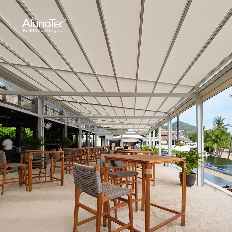 AlunoTec Outdoor Party Electric Roof Awning with LED Lights and Roller Blinds