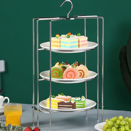 Three-Layer Ceramic Plate Dim Sum Rack Dessert Buffet Stainless Steel Pastry Fruit Tray