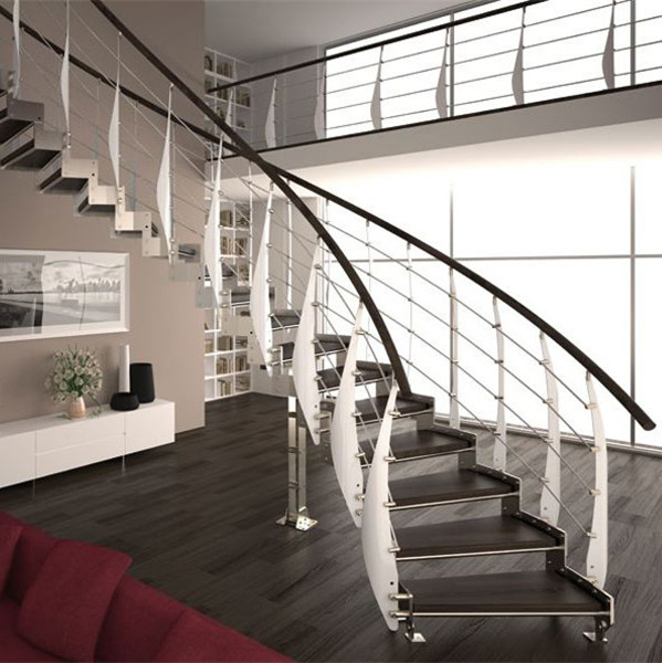 Double Steel Plates Stairs Curved Wooden Staircase