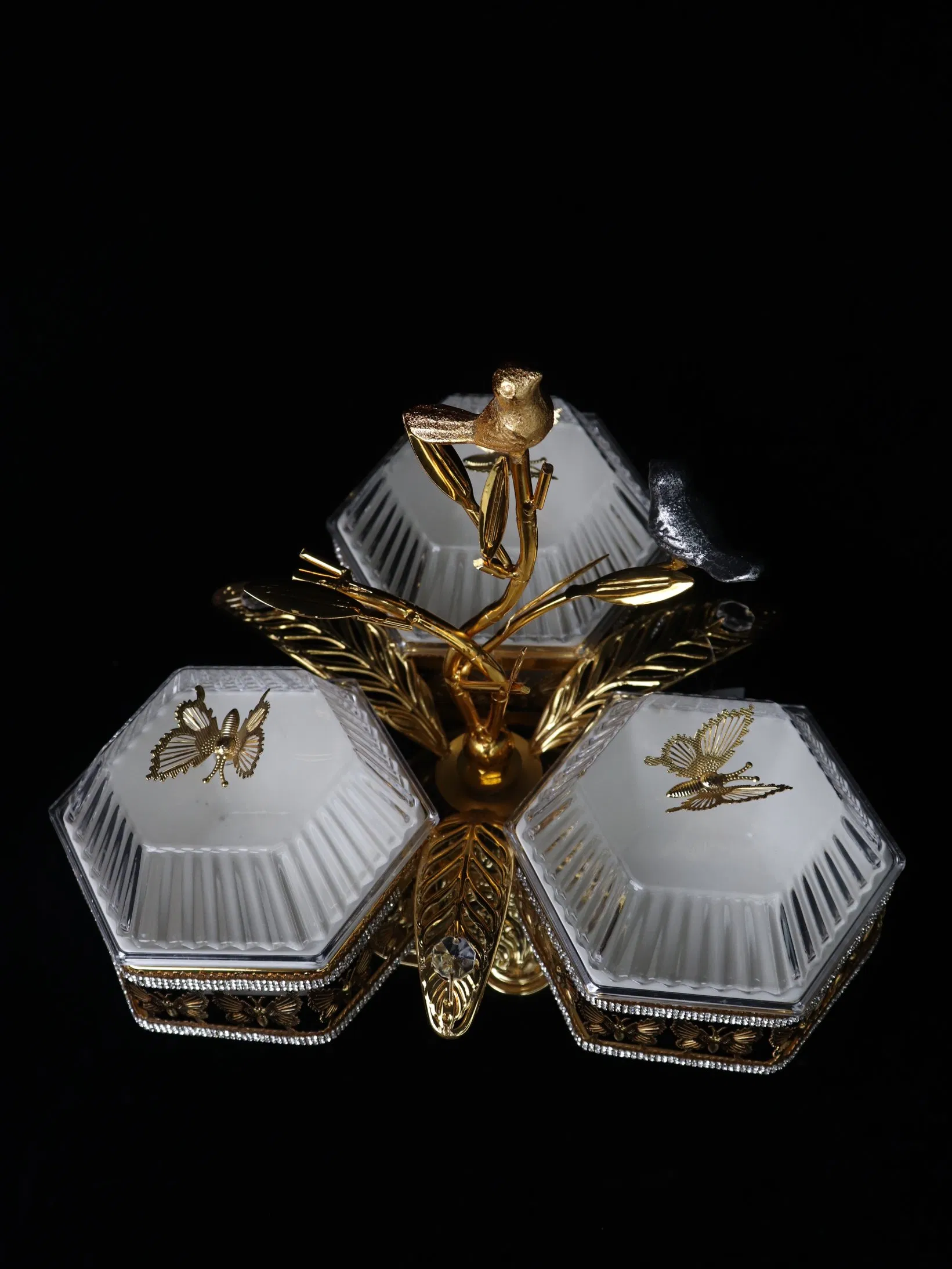 Home Ornament Gold-Plated Iron Frame with 3 Hexagonal Plastic Bowl Sets