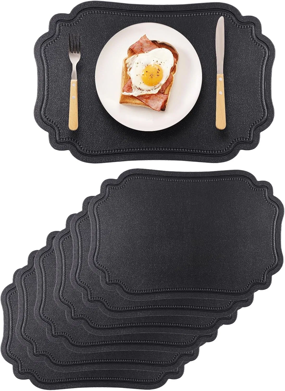 Xinyun Black Placemats Set of 6 Reversible Faux Leather Place Mat Wipeable Heat Resistant Non Slip Anti Oil Waterproof Eco-Friendly Table Mats Patio Placemats F