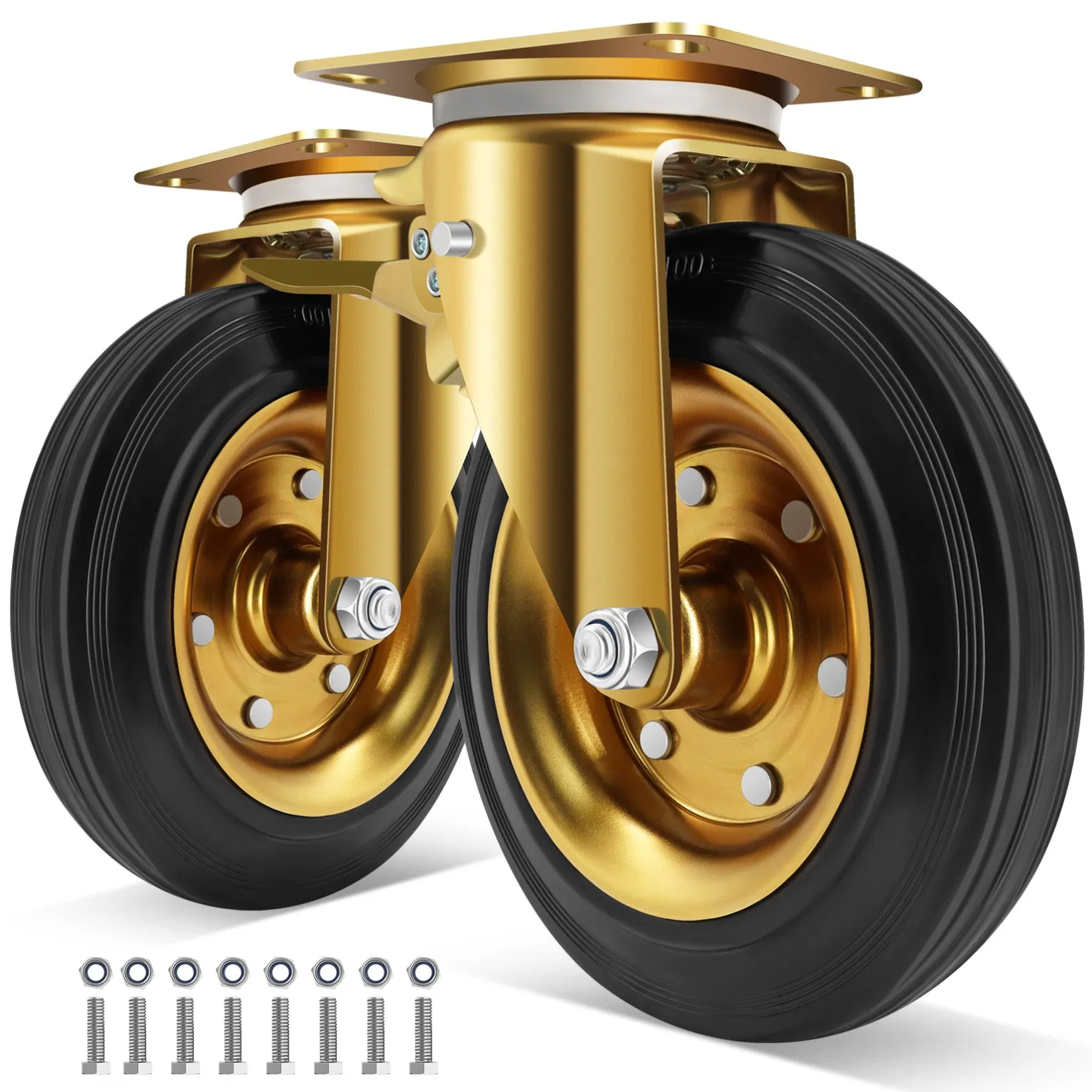Large Wheel Caster En840 8inch 200mm Rubber Iron Trolley Wheel Rotating Castor Trash Can 330kg Caster with Brake Bin Caster