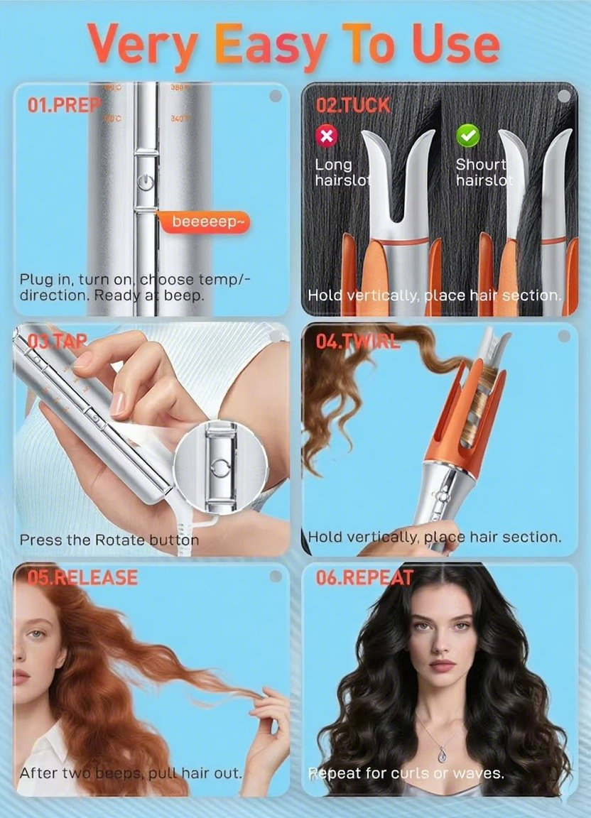 Automatic Rotating Curling Iron Beach Waves Curling Wand Portable Hair Curler Lightweight for Travel