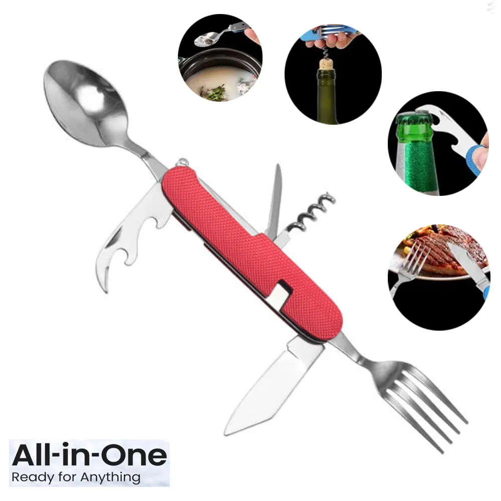 Portable 6-in-1 Detachable Folding Outdoor Camping Tableware Set Tactical Stainless Steel Travel Spoon