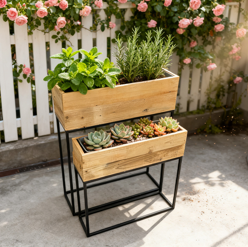 Set of 2 Raised Box Planters Flower Shelf Popular Rectangular Recycled Wood Plant Stand for Garden Home Decoration