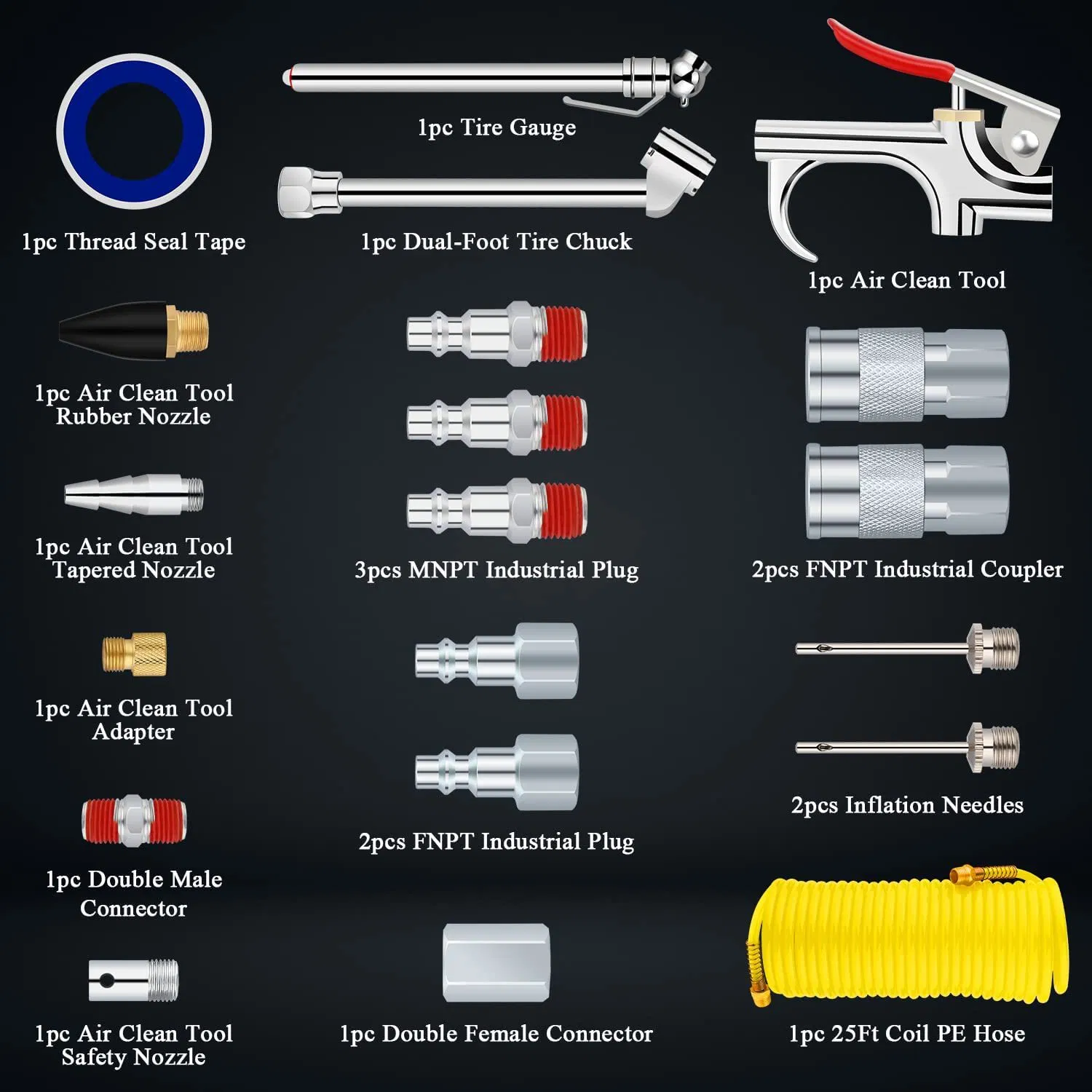 20PCS 2-Way Connection Air Nozzle Blow Gun Set, Air Nozzle Kit with 1/4 in Standard Quick Fitting Air Compressor Accessories