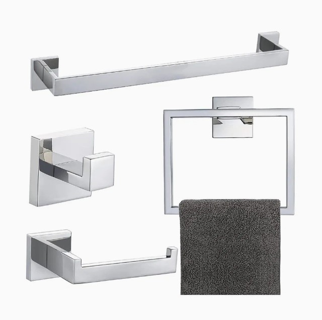 5-Piece Black Stainless Steel Bathroom Hardware Accessories Set with Towel Bar, Hooks, Holder and Ring