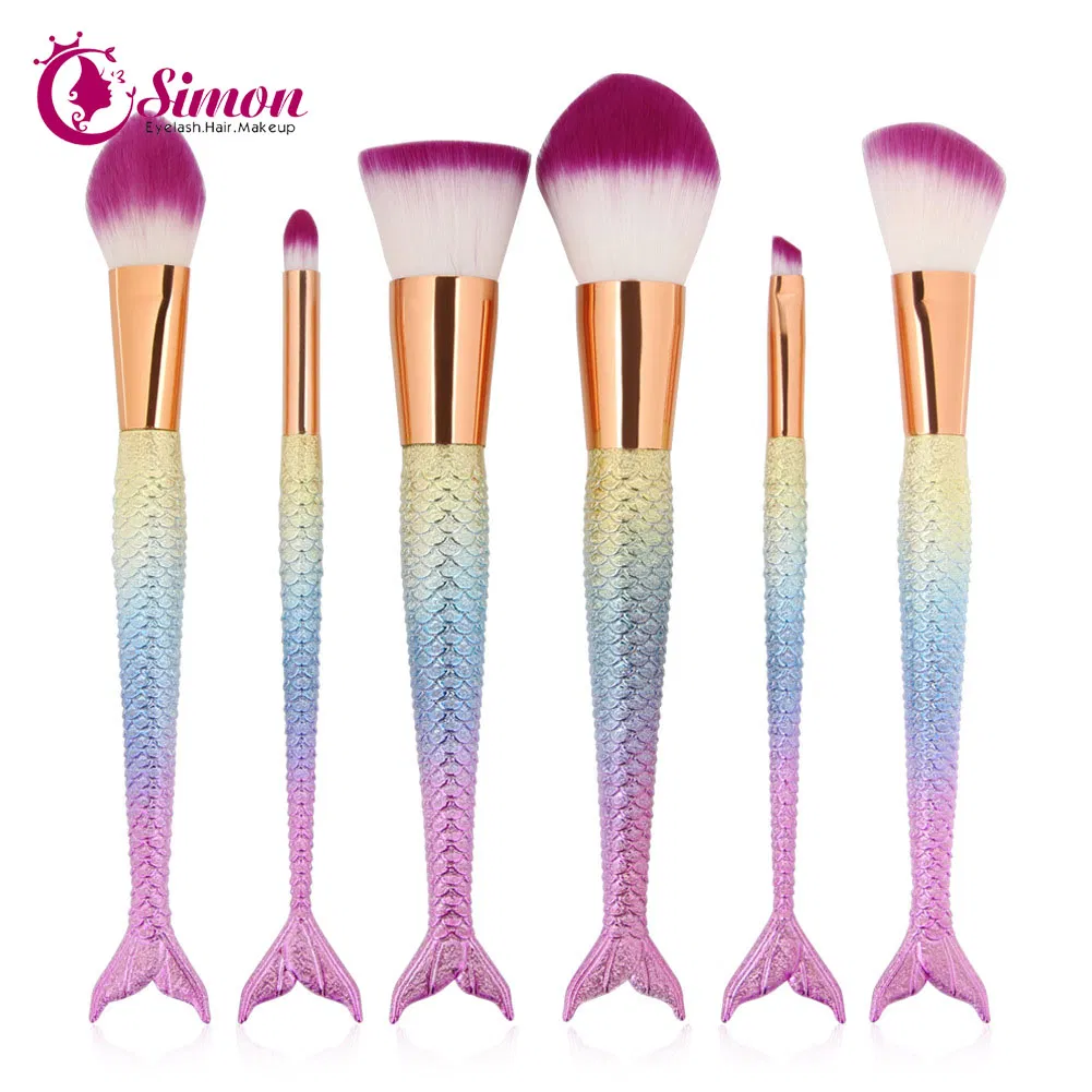 6PCS Per Set Mermaid Makeup Brush Rose Rainbow Color Mermaid Brush with Beauty Pouch