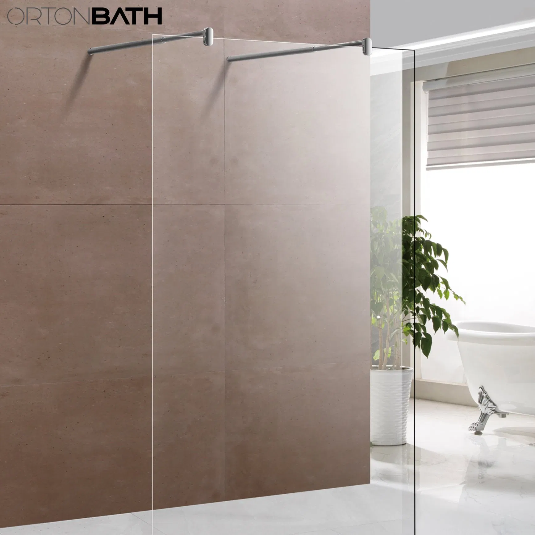 Ortonbath Walk in Single Door Glass Pivot Fixed Frameless Thick Customizable Tempered Glass Bathroom Shower Enclosure Screen with Two Support Bar
