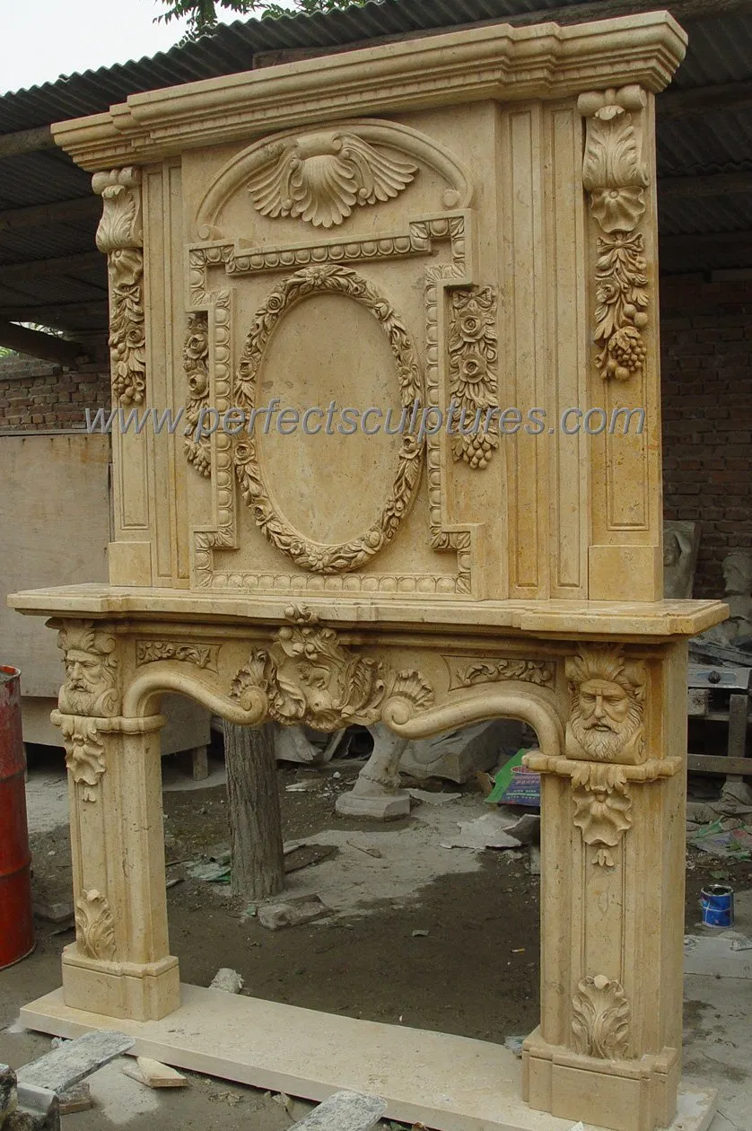 Luxury Sculpture Marble Carving Mantel Surround Fireplace with Carved Column Flower Female Statue (QY-LS136)