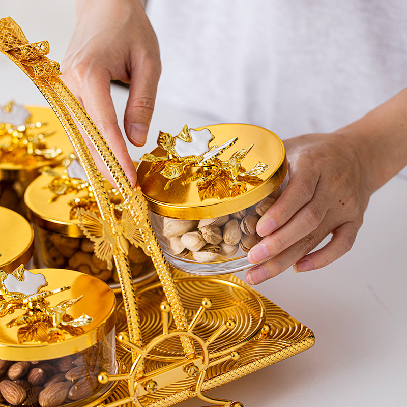 Glass Home Decor Bowl Set, Includes 6 Glass Bowls and a Gold-Plated Iron Stand Candy Bowl