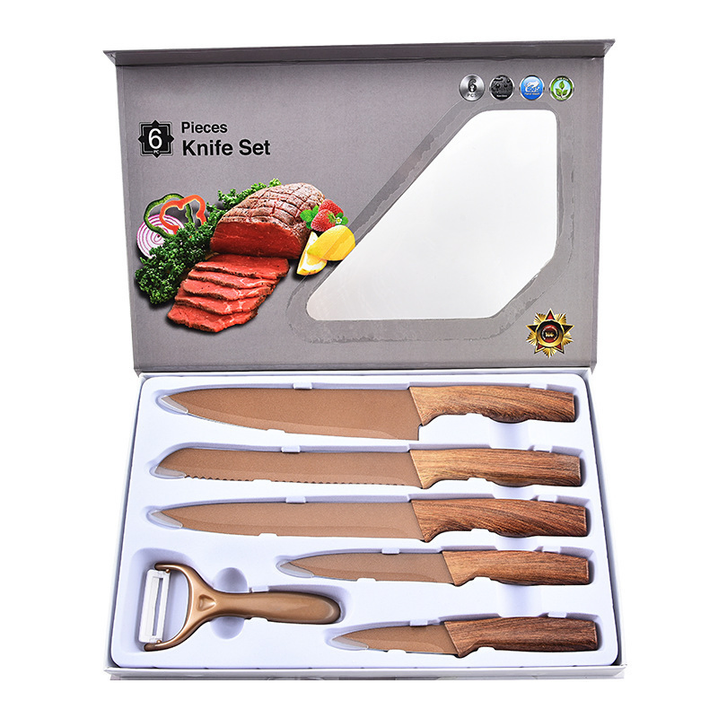 Wood Color Handle 6PCS Knife Set Kitchen Stainless Steel Fruit Knife