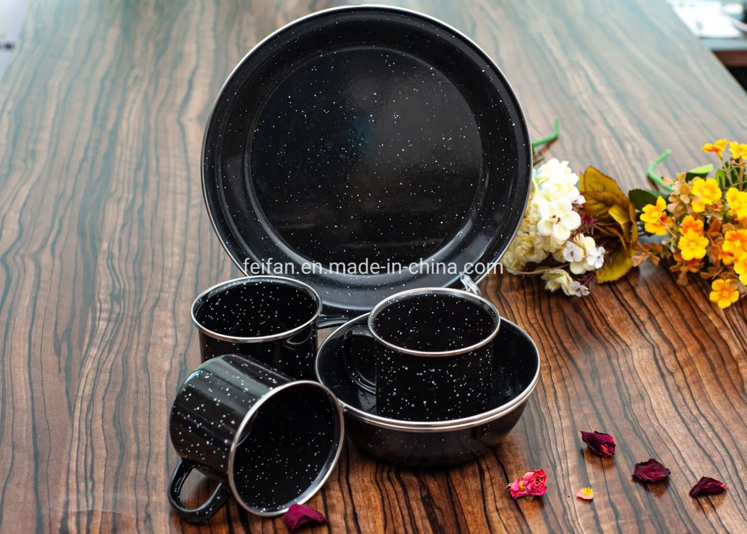 Enamel Camping Set 12PCS Dinnerware with Stainless Steel Rim