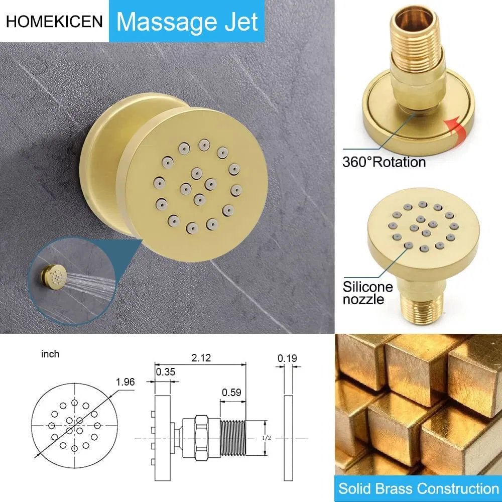Luxury Brushed Gold Rainfall Concealed Shower System - 12 Inch Wall Mount Round Rain Faucet Set with Handheld Spray and Jets Combo, Thermostatic Brass Valve