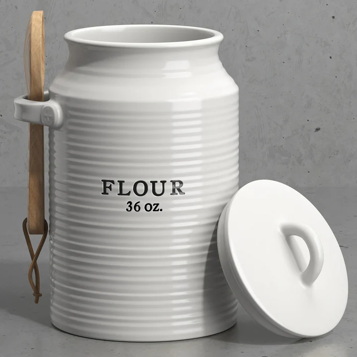 Flour Container Airtight, Porcelain Kitchen Storage Containers Flour Canister Farmhouse Kitchen Decor, Ceramic Storage Jar with Lid White