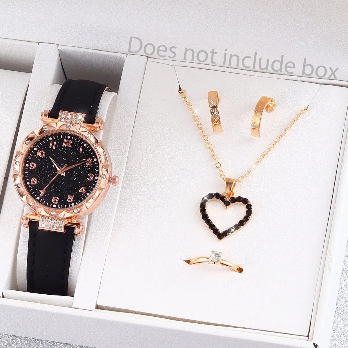 Women's Watch with a Black Strap Heart-Shaped Pendant Necklace