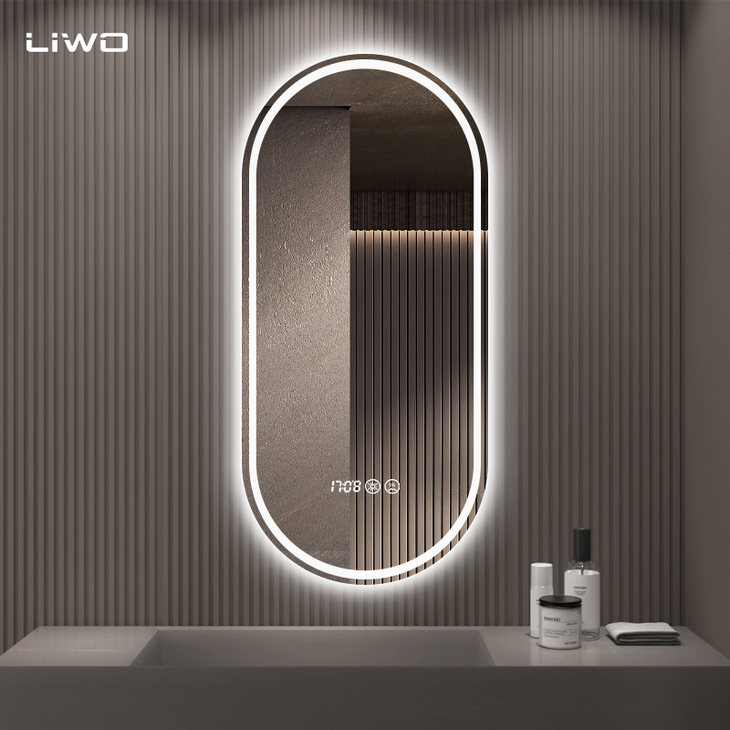 Oval Wall-Mounted LED Mirror with Anti-Fog Bathroom Time Temperature Smart Front and Backlit Light Adjustable Modern cosmetic Makeup Home Decoration Furniture