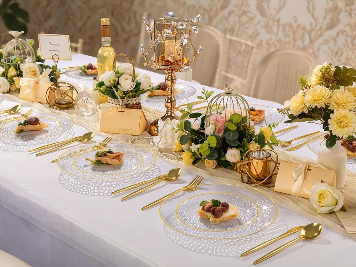 Clear Plastic Plates, Clear Disposable Plates with Gold Rim