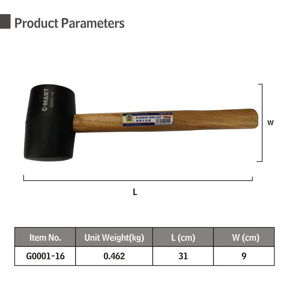 16 Oz Rubber Hammer Wooden Handle Rubber Mallet Hammer