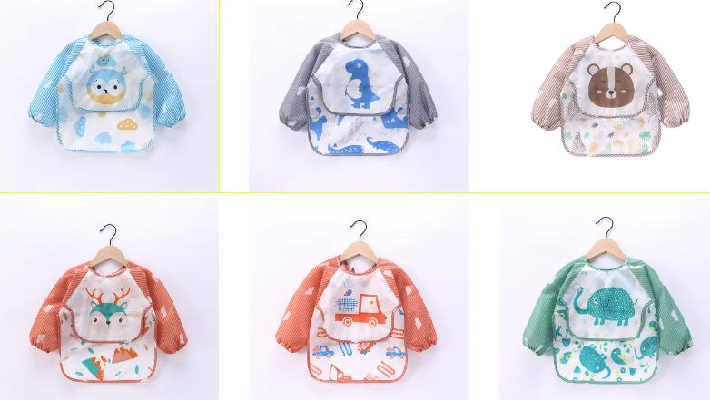 Children′ S Waterproof PU Long Sleeves Plastic Bibs Baby Eating Apron with Food Catcher
