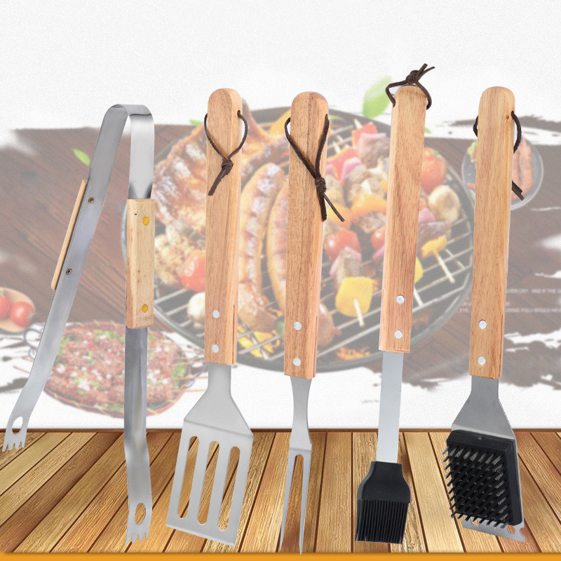 BBQ Tool Kit Gifts Barbecue Utensil Set for Home, Grill, Camping, Travel 5PCS Wooden Handle Grill Tool Set