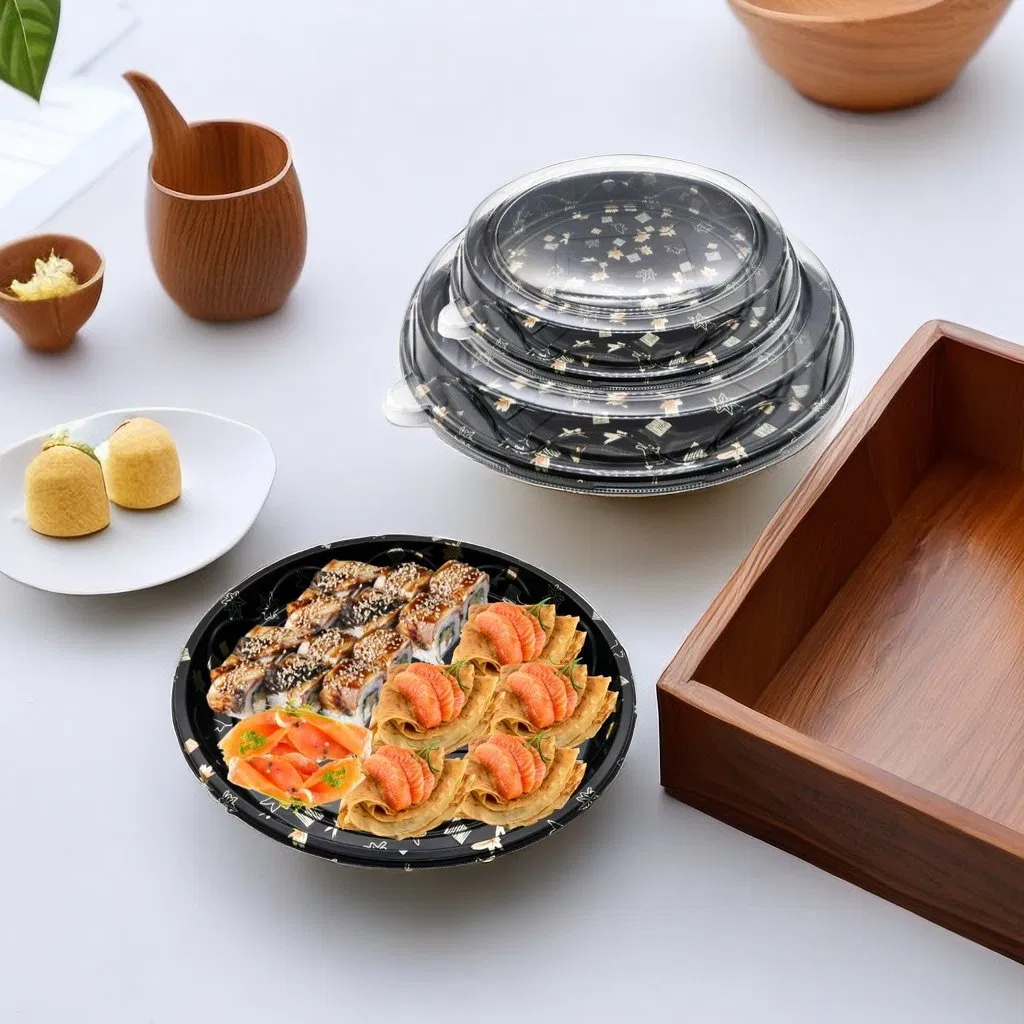 High-Quality Takeout Plastic Sushi Fruit Food Packaging Round Disposable Desserts Food Container Reusable Sushi Roll Party Tray with Clear Lid