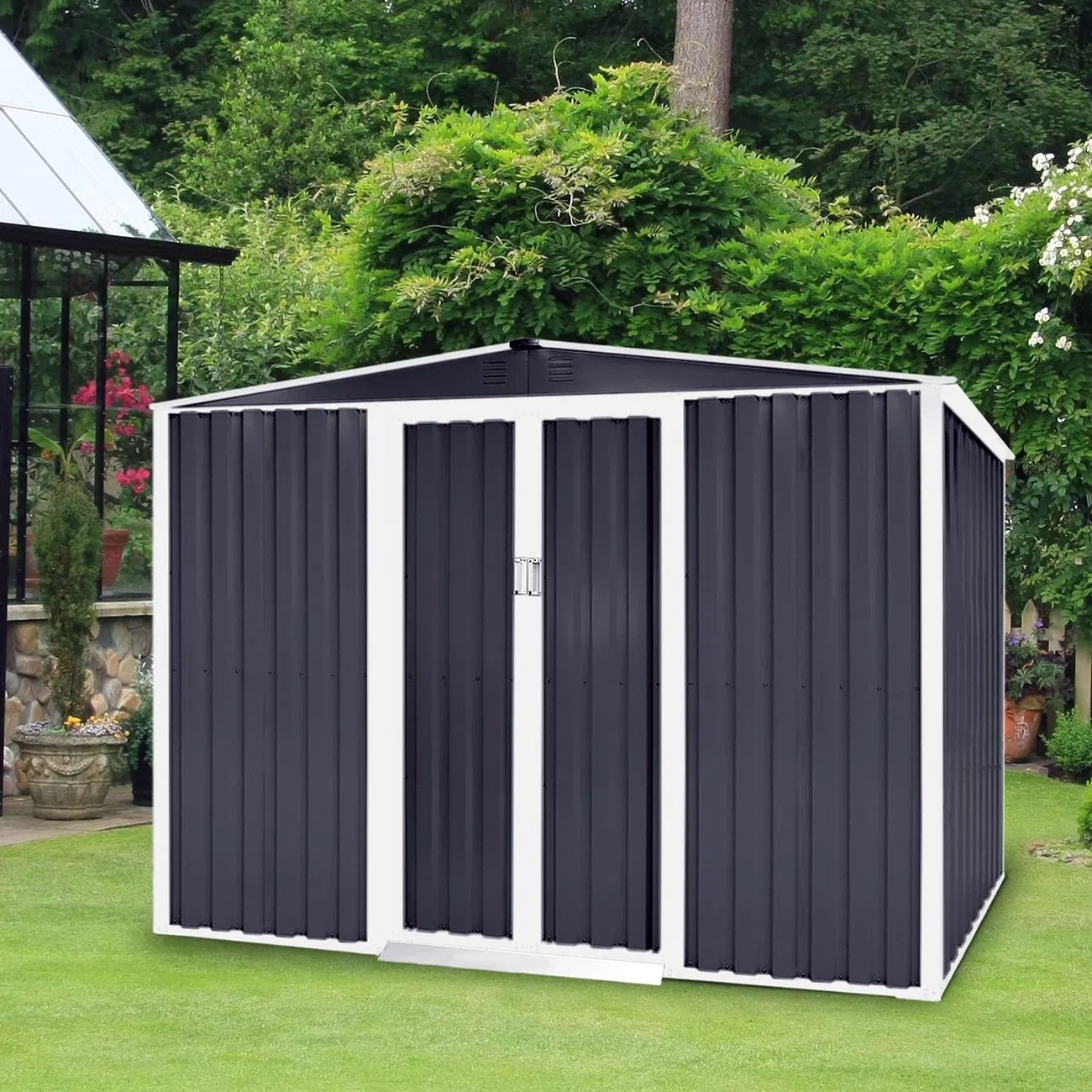 Galvanized Steel Square Tube Garden Shed with Double Sliding Door for Backyard