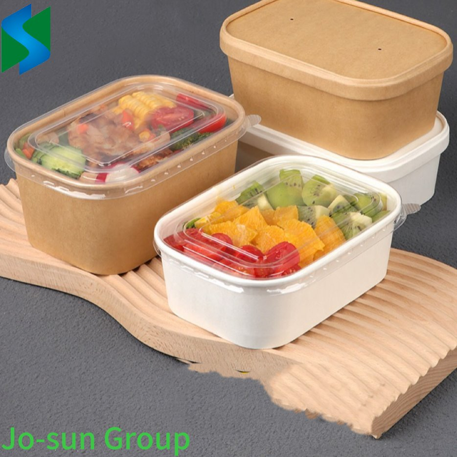 Jo-Sun New Design Disposable Rectangular Kraft Paper Bowl with Paper Lid Salad Bowl