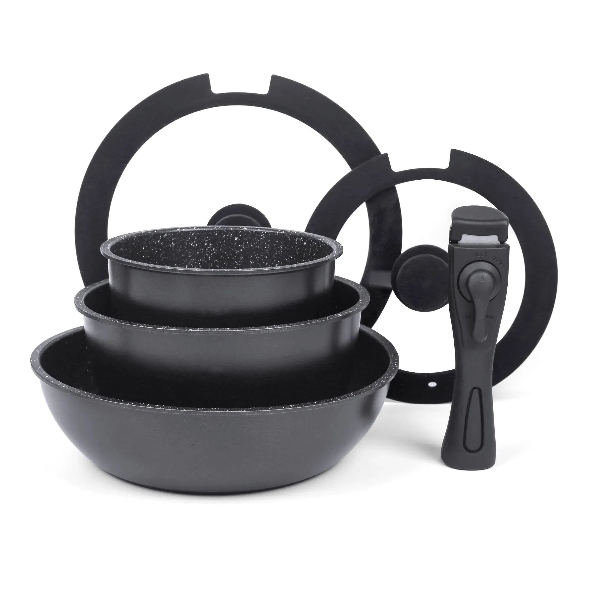 Wholesale New Design Forged Aluminum Cookware Set with Removable Handle Silicone Lid Nonstick Fry Pan for Soup Ceramic Metal