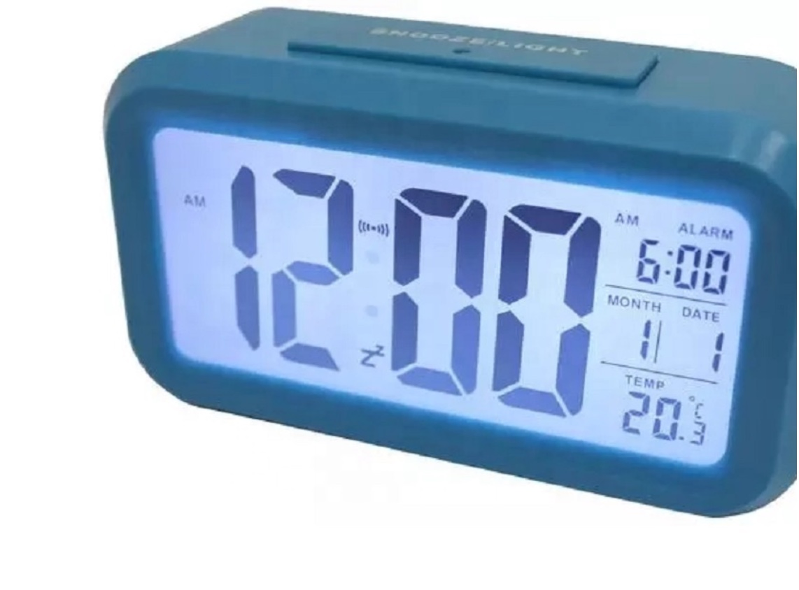 Light Sensor Alarm Table Clock Backlit Display Portable Battery Operated Blue