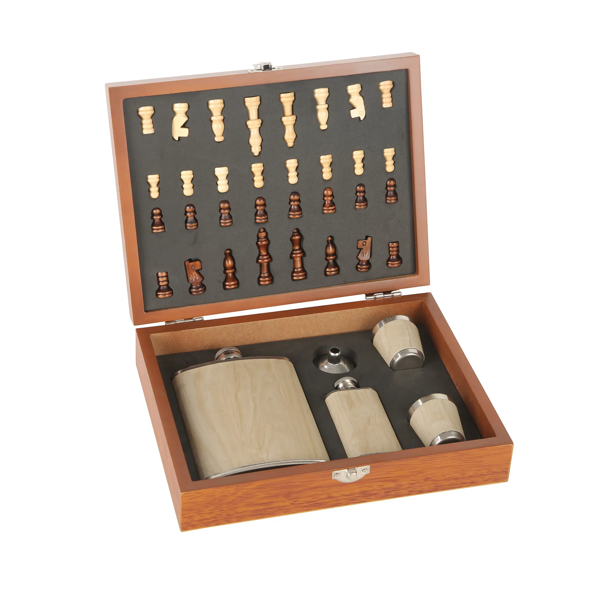 Portable Travel Wooden Chess Set with Whiskey Hip Flask Set Gift Box