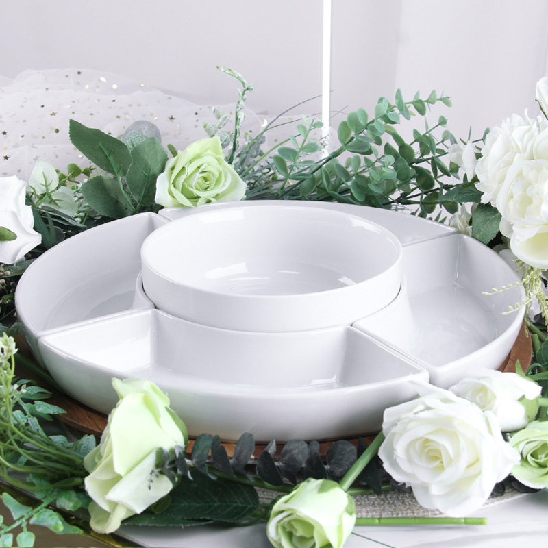 RW001 Wooden Lazy Susan Turntable Dry Fruit Nuts Divided Serving Tray Porcelain Platters and Serving Ware Snack Plate