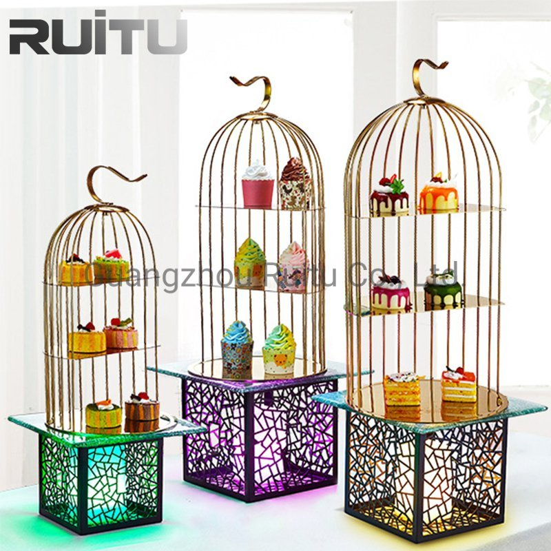 Buffet Catering Decorative Unique Hanging Gold Silver Bird Cage Cake Dessert Display Shelf Afternoon High Tea Stand