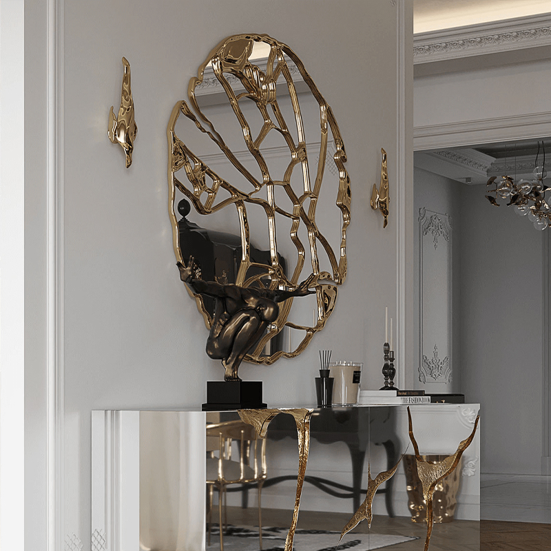 Statement Piece Art Deco Gold-Plated Circular Mirror for Luxury Home Wall Decor