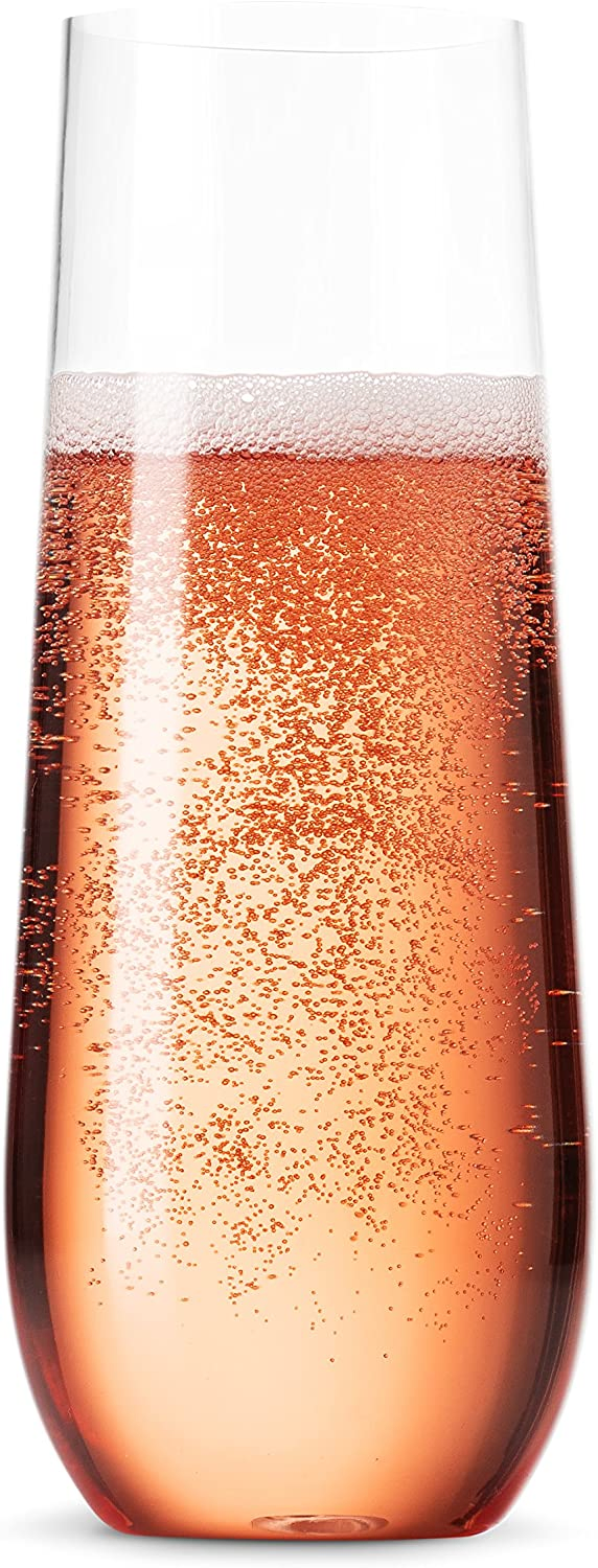 9 Oz Stemless BPA-Free Plastic Shatterproof Recyclable Champagne Flutes Disposable Clear Plastic Toasting Glasses for Souffle Deutz
