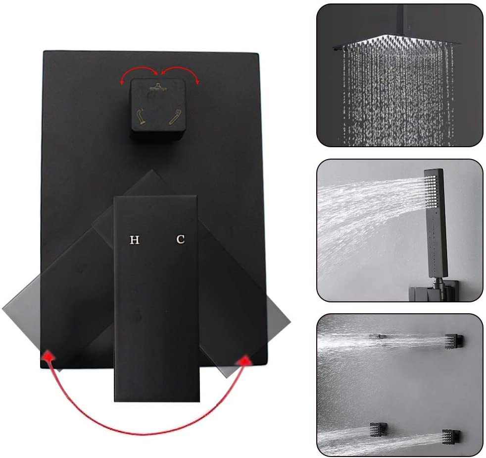 12 Inch Black Rainfall Shower Head Set with Hand Shower and Jet