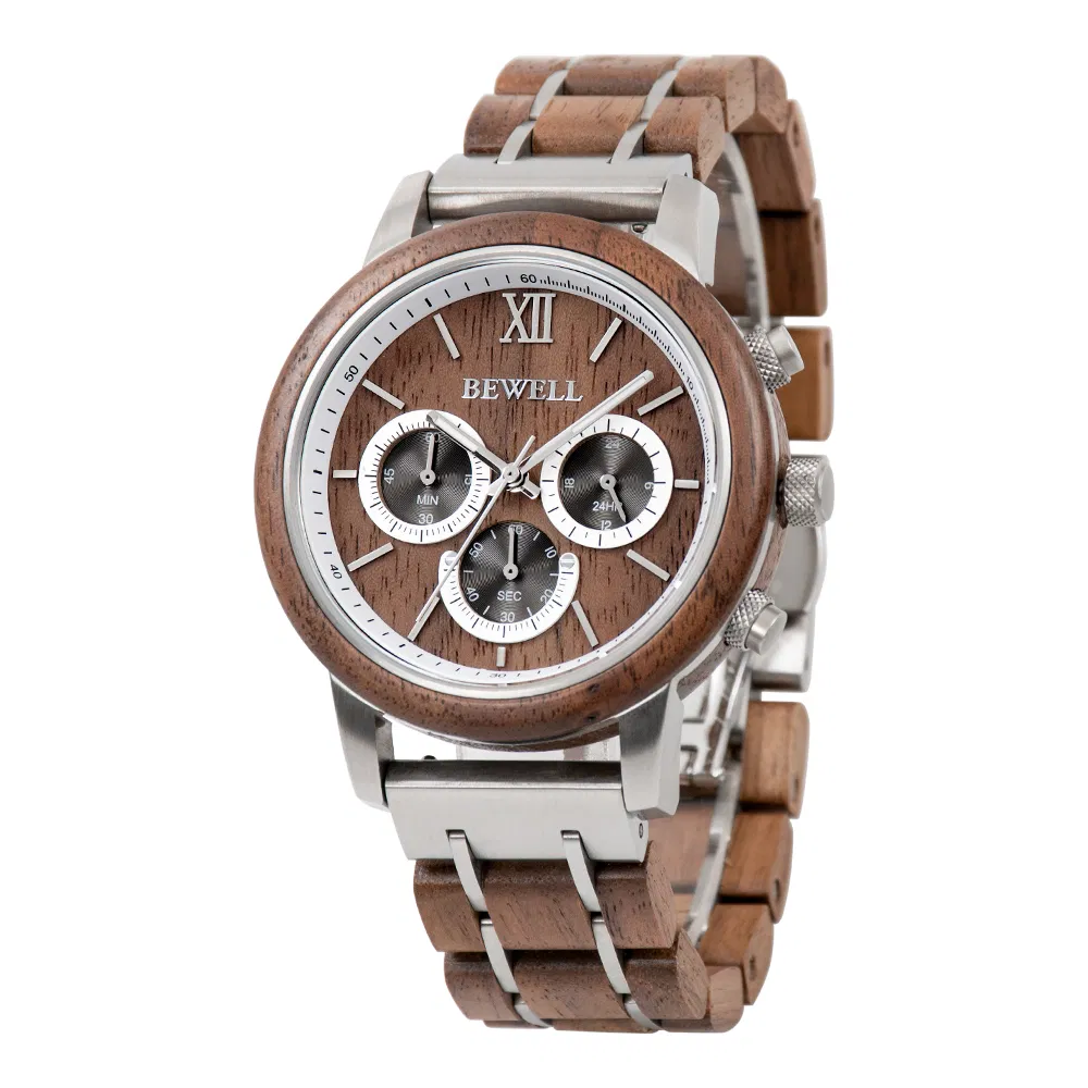 Natural Men Wood Watch Chronograph Wholesales Custom Watch with Private Label Stainless Steel Wristwatch 3ATM Waterproof Gshock